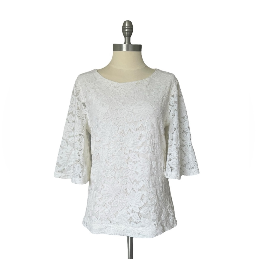 Banana Republic White Floral Lace Top Bell Sleeve Crew Neck Blouse Keyhole Sz S
